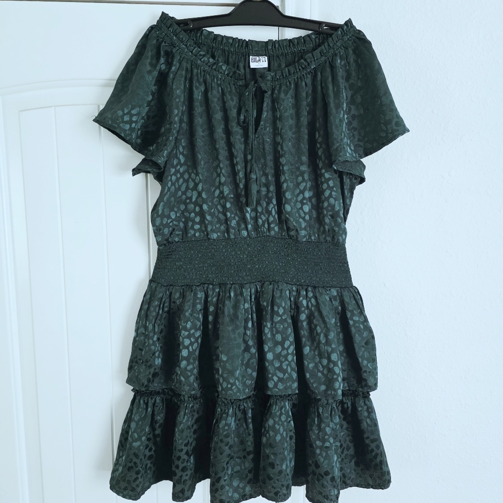 BILA 77 Green Off-Shoulder Tiered Mini Dress — Size M